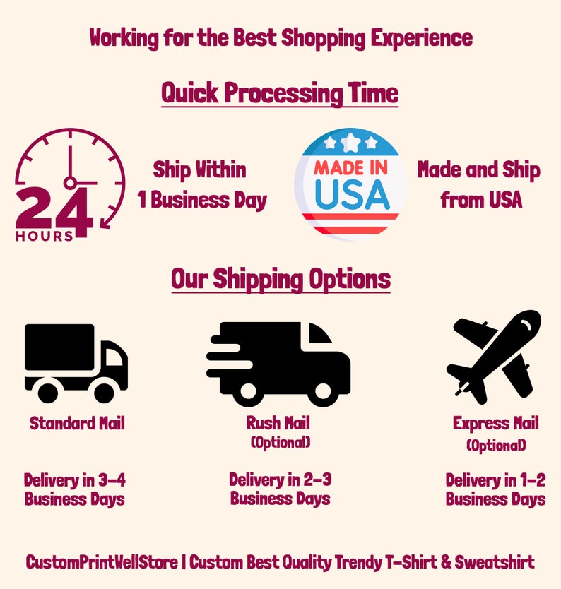 May include: Illustration of a clock with the number 24 and the word "HOURS" below it. Text reads "Working for the Best Shopping Experience" and "Quick Processing Time".  Text also reads "Ship Within 1 Business Day". A red, white, and blue circle with the text "MADE IN USA" is shown. Text reads "Made and Ship from USA".  Text reads "Our Shipping Options".  Three icons are shown: a lorry with the text "Standard Mail" and "Delivery in 3-4 Business Days", a lorry with a speed line with the text "Rush Mail (Optional)" and "Delivery in 2-3 Business Days", and an aeroplane with the text "Express Mail (Optional)" and "Delivery in 1-2 Business Days". Text reads "CustomPrintWellStore | Custom Best Quality Trendy T-Shirt & Sweatshirt".