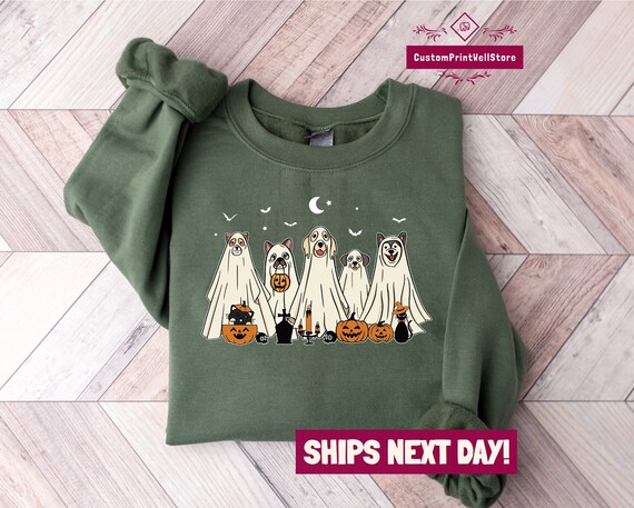 Retro Halloween Dog Sweatshirt, Ghost Dog Shirt, Halloween Crewneck Sweater, 2023 Happy Halloween, Spooky Season Tee, Ghost Sweatshirt