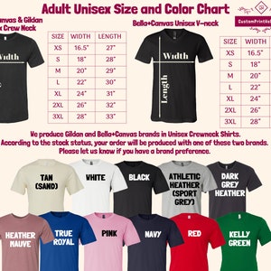 May include: Unisex t-shirt size and color chart with measurements in inches. The chart shows the width and length of the shirts in sizes XS to 3XL. The chart also shows the different colors available for the shirts, including tan, white, black, athletic heather, dark heather, heather mauve, true royal, pink, navy, red, and kelly green.