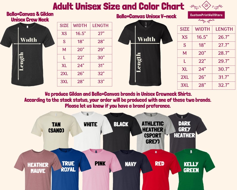 May include: Unisex t-shirt size and color chart with measurements in inches. The chart shows the width and length of the shirts in sizes XS to 3XL. The chart also shows the different colors available for the shirts, including tan, white, black, athletic heather, dark heather, heather mauve, true royal, pink, navy, red, and kelly green.