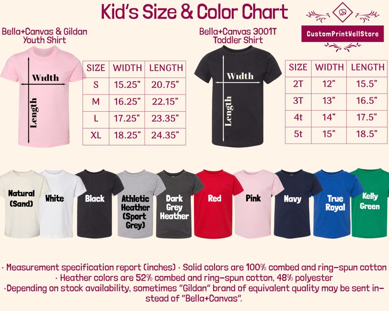 May include: Size and color chart for youth and toddler t-shirts. The chart shows the width and length measurements in inches for different sizes. The chart also shows the available colors for the shirts, including natural, white, black, athletic heather, dark grey heather, red, pink, navy, true royal, and kelly green.