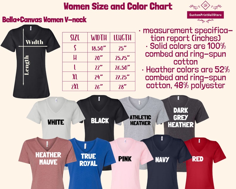 May include: Women's V-neck t-shirt size chart with measurements in inches. The chart shows the width and length of the shirt in sizes S, M, L, XL, and 2XL. The chart also includes a color chart with different colors of the shirt, including white, black, athletic heather, dark grey heather, heather mauve, true royal, pink, navy, and red.