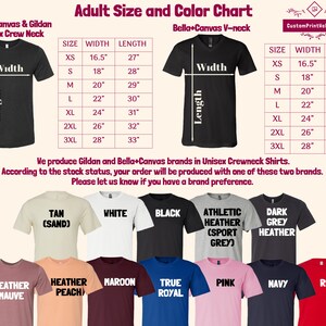 May include: Size and colour chart for unisex crew neck and V-neck t-shirts. The chart shows the width and length measurements in inches for sizes XS to 3XL. The chart also shows a variety of t-shirt colours, including tan, white, black, heather grey, navy, red, maroon, true royal, and pink.