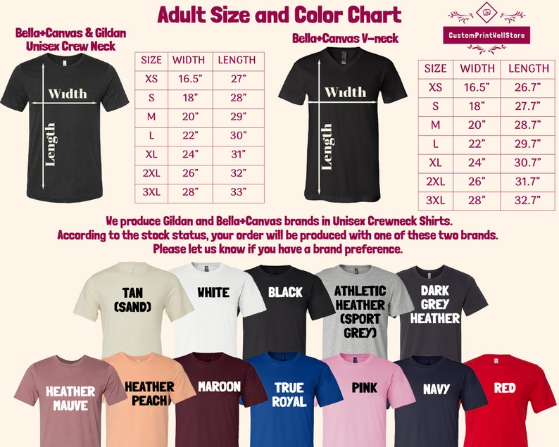 May include: Size and colour chart for unisex crew neck and V-neck t-shirts. The chart shows the width and length measurements in inches for sizes XS to 3XL. The chart also shows a variety of t-shirt colours, including tan, white, black, heather grey, navy, red, maroon, true royal, and pink.
