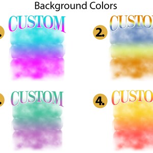 May include: Four different colour gradient options for a custom background. The options are: 1. Blue, purple, and pink. 2. Blue, yellow, and orange. 3. Green, purple, and pink. 4. Yellow, orange, and red.