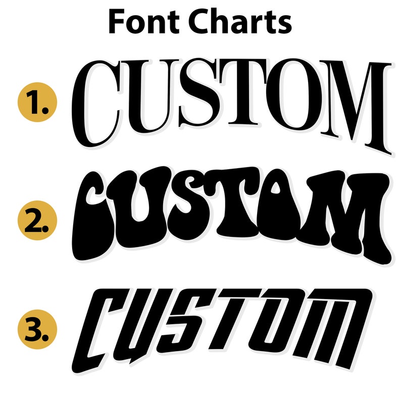 May include: Font chart displaying three different styles of the word "CUSTOM" in black. The first style is a standard font, the second is a rounded, psychedelic font, and the third is a bold, slanted font.