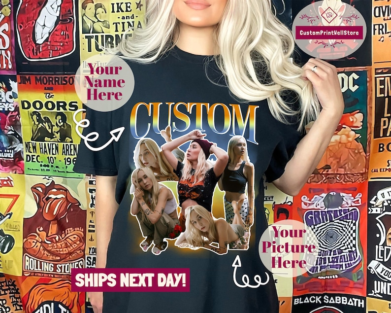 May include: A black t-shirt featuring a rainbow gradient "CUSTOM" text and a collage of four women. The text "Your Name Here" is in a circle above the text "CUSTOM". The text "Your Picture Here" is in a circle below the collage of women. The text "SHIPS NEXT DAY!" is at the bottom of the shirt.