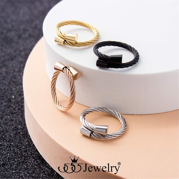 555Jewelry Stainless Steel Twisted Cable Adjustable Open Ring for Women & Girls