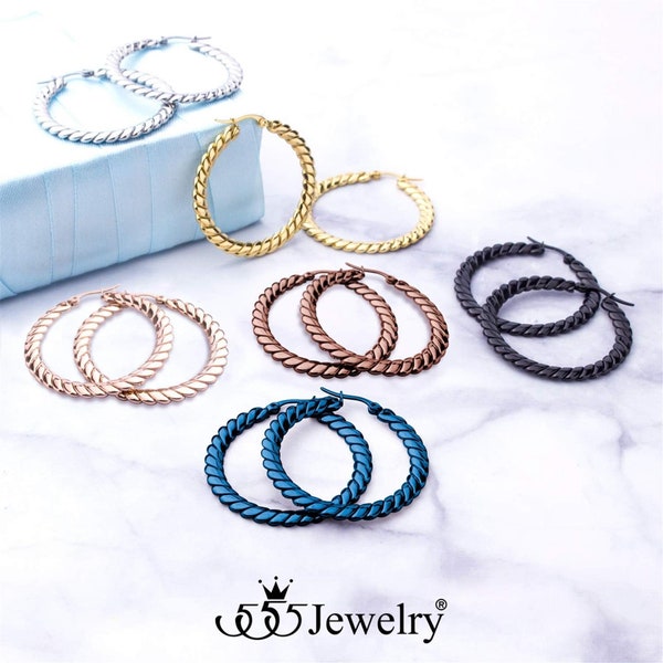 555Jewelry Large Twisted Wire Woven Circle Stainless Steel Hoop Earrings for Women