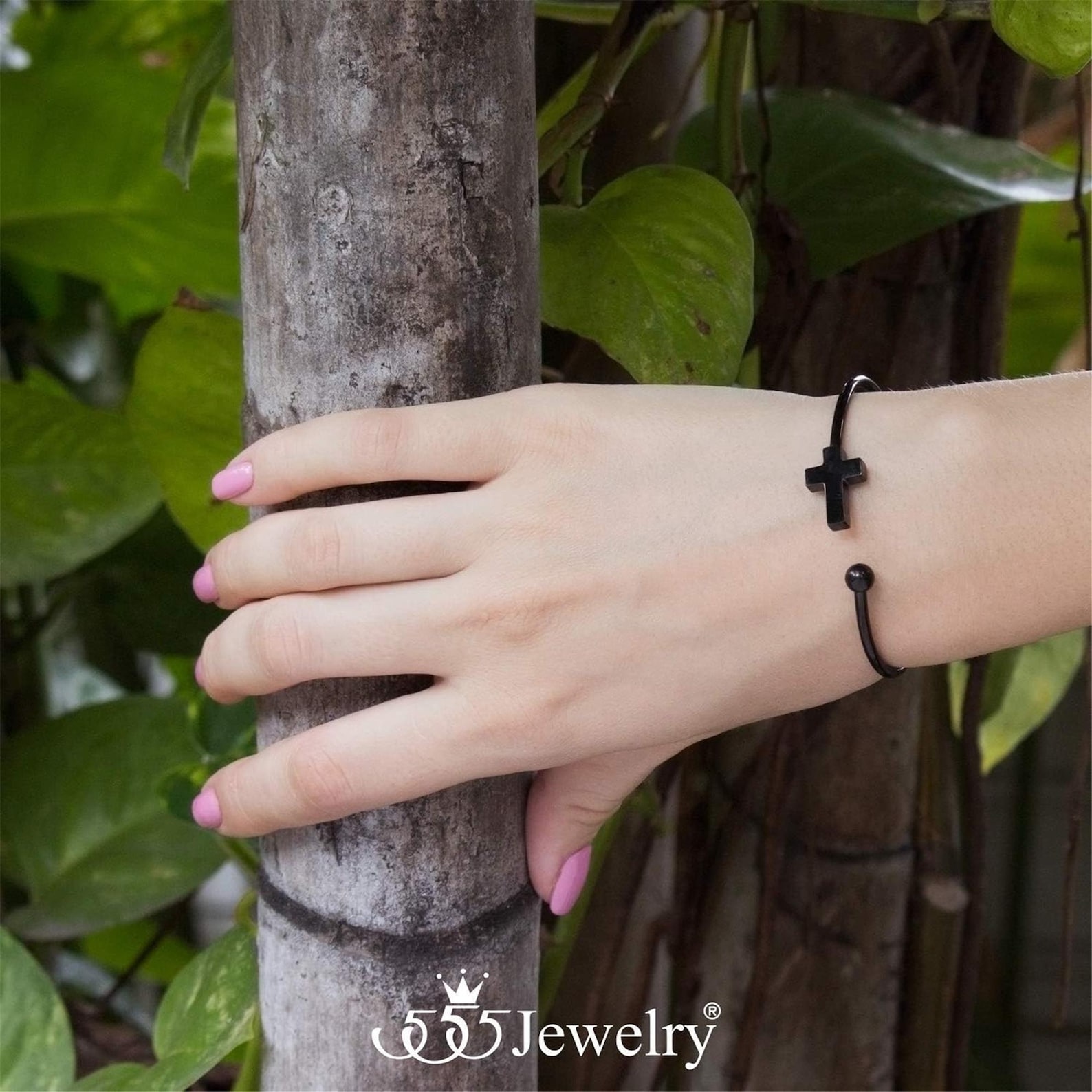 555Jewelry Stainless Steel Magnetic Clasp Bracelet - Braided Silver & Black Leather, 9 Inches
