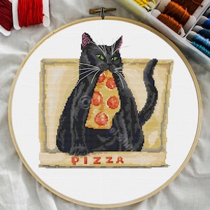 Black Cat and Pizza Cross Stitch Pattern – Funny Cat Embroidery PDF, Cute Cat Lover Gift, Easy Modern Cross Stitch Design for Beginners
