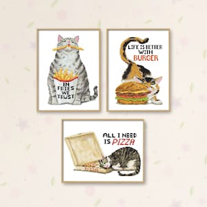 Cats and Food Cross Stitch Patterns Set, Funny Cross Stitch, Cat Lover Gift, Cat Embroidery, Funny Cat, Kitchen Cross Stitch