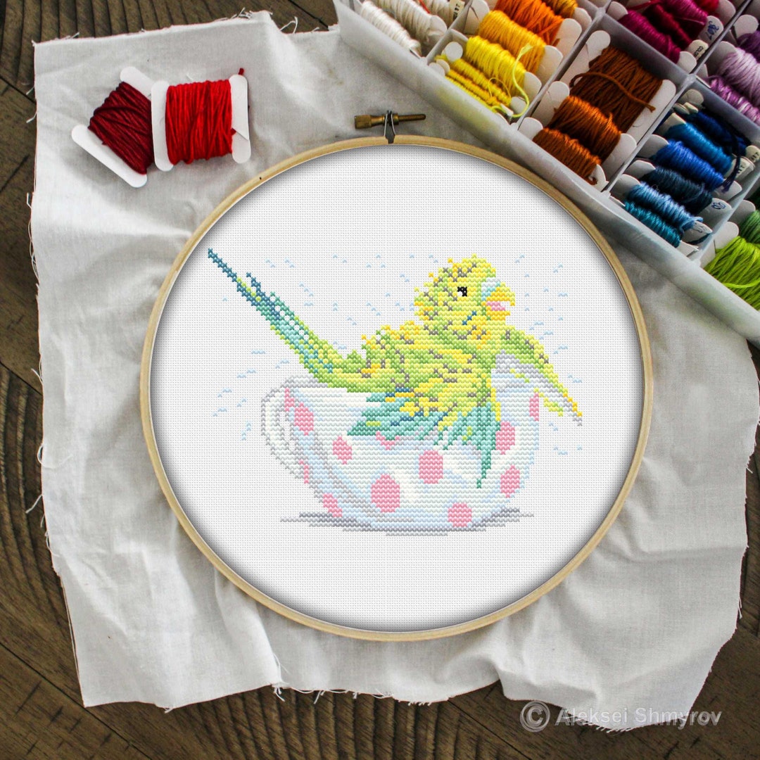 Green Budgie Cross Stitch Pattern | Funny Bird Embroidery | Parrot ...