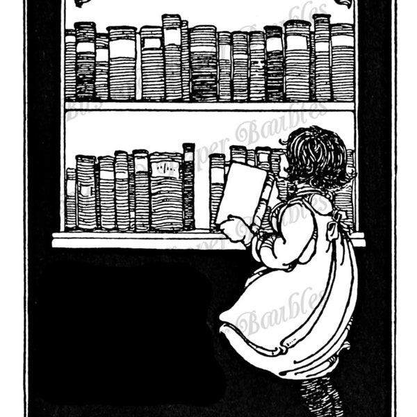 Ex Libris Bookplate Girl Books Bookshelf Antique Vintage Illustration Clip Art Black and White