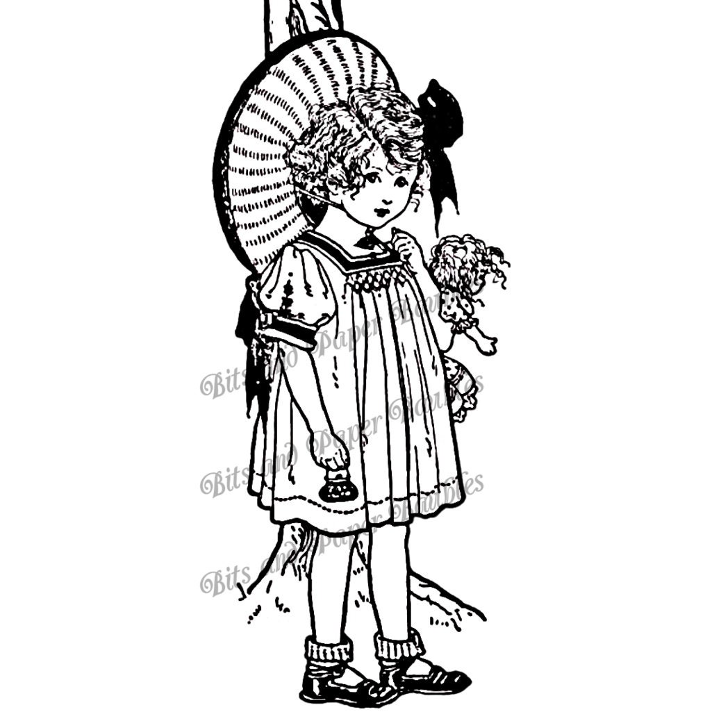 Little Girl With Doll Standing By A Tree Antique Vintage Illustration little-girl-with-doll-standing-by-a-tree-antique-vintage-illustration