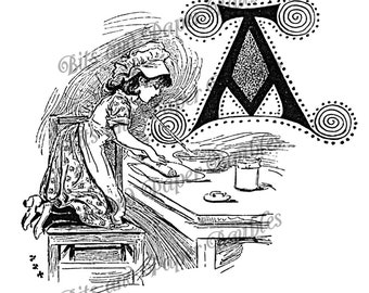 Fancy First Letter A Black and White Clip Art Antique Vintage Illustration Girl Baking