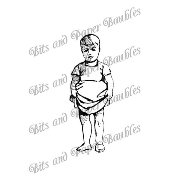 Little Boy Holding Up His Shorts Skirt Antique Vintage Illustration Clip Art Black and White