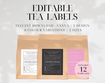 Bewerkbare sjabloon voor theelabels: ontwerp kraftzakje (canva, digitale download)