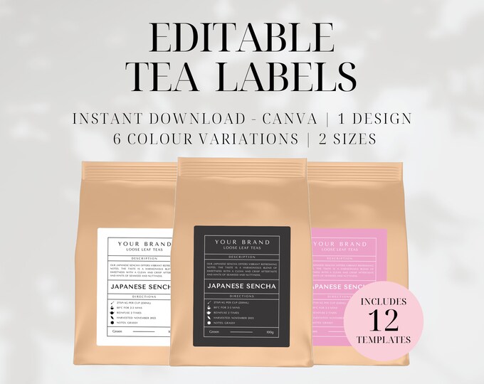 Editable Tea Label Template: Kraft Pouch Design (canva, Digital ...