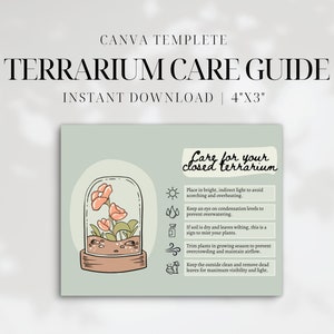 Afdrukbare onderhoudsgids voor het terrarium • Instructiekaart gesloten terrariumonderhoud • Bewerkbaar canvassjabloon • Bijsluiter voor plantenwinkel