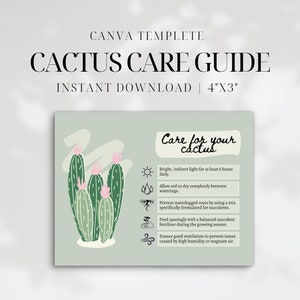 Guide d'entretien imprimable des cactus • Carte d'instructions pour l'entretien des cactus et des plantes succulentes • Modèle canva modifiable • Encart de commande du magasin de plantes