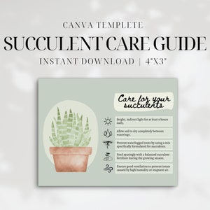 Guide imprimable d'entretien des plantes succulentes • Carte d'instructions pour l'entretien des cactus et des plantes succulentes • Modèle canva modifiable • Encart de commande d'usine