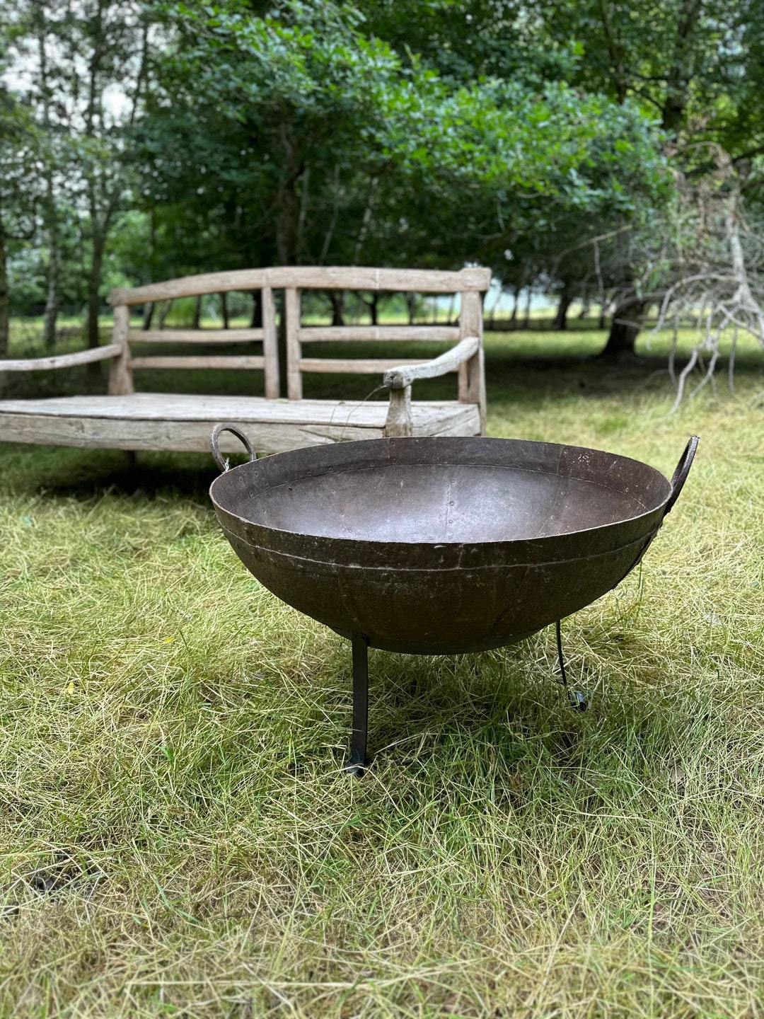 Large Vintage Indian Kadai Fire Pit Bowl With Stand Etsy