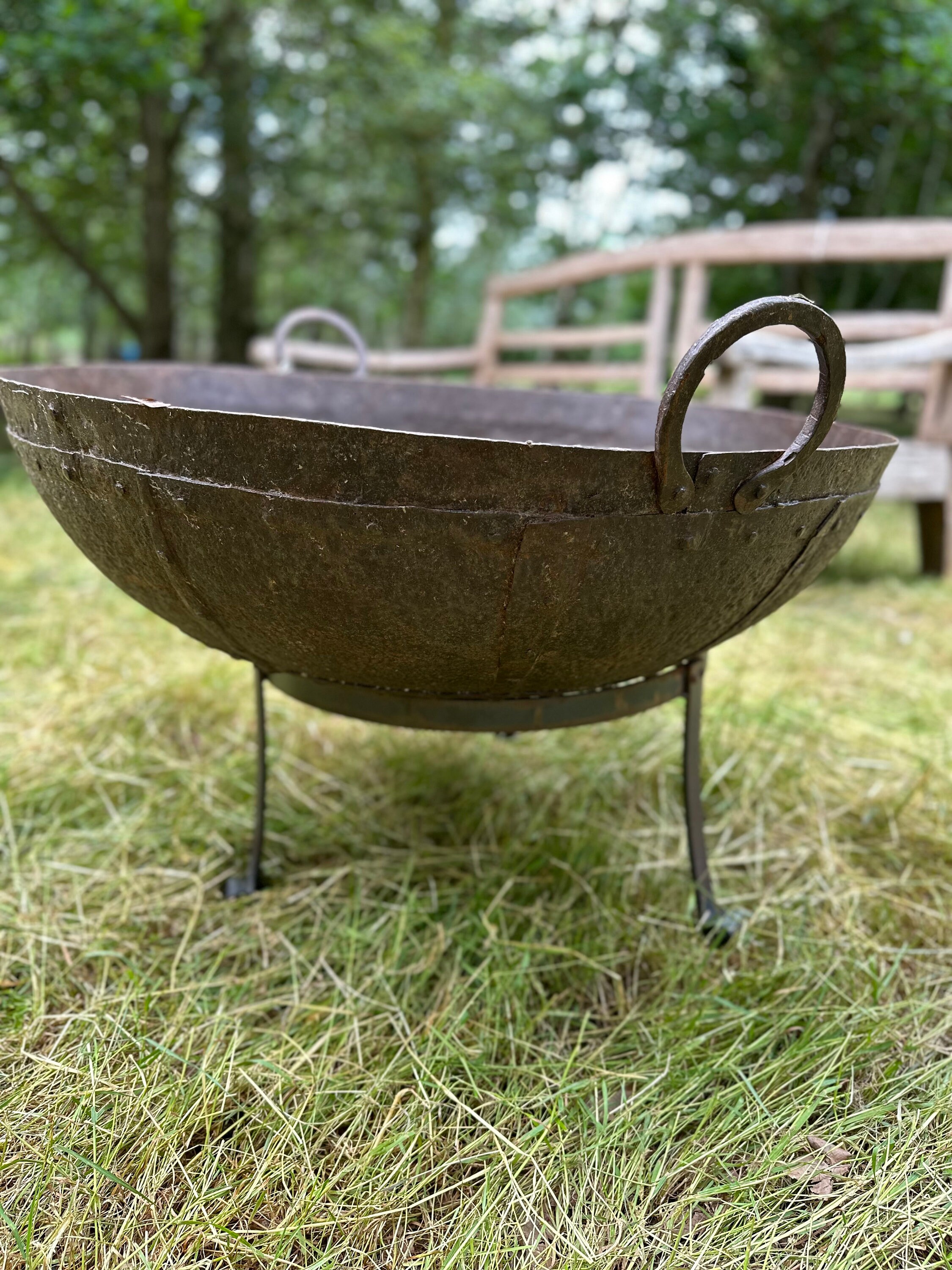 Large Vintage Indian Kadai Fire Pit Bowl With Stand Etsy