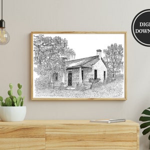 Historic Louisiana Architecture, Digital Print of Original Artwork, Hand Drawn Southern Home Architectural Art, Durham Cottage Clinton, LA