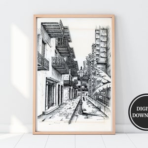 Pirates Alley Streets of New Orleans Digital Art Print of Original Artwork, Hand Drawn Historic Building Southern French Quarter Louisiana