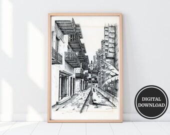 Pirates Alley Streets of New Orleans Digital Art Print of Original Artwork, Hand Drawn Historic Building Southern French Quarter Louisiana