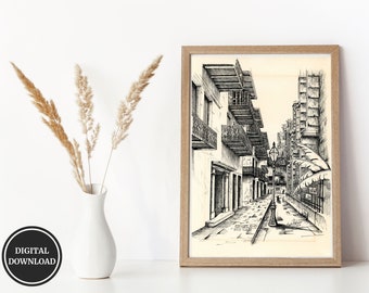 Pirates Alley Streets of New Orleans Digital Art Print of Original Artwork, Hand Drawn Historic Building Southern French Quarter Louisiana
