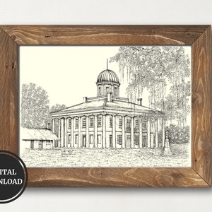 Historic Louisiana Architecture Digital Print of Original Artwork Hand Drawn Southern Architectural Art, East Feliciana Parish Courthouse
