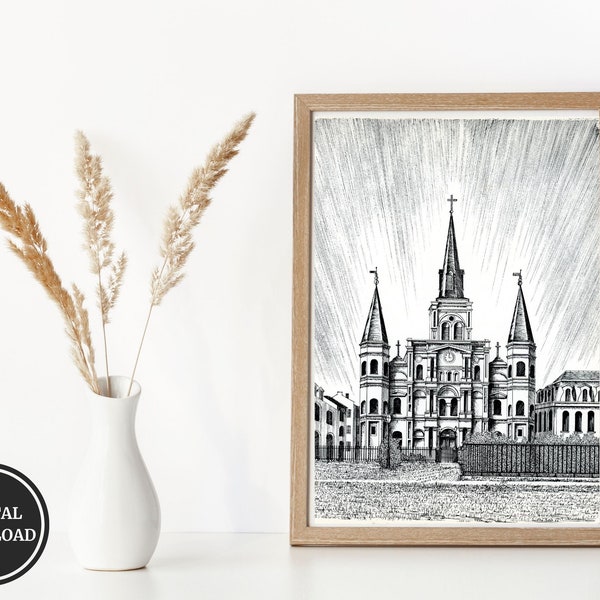 St Louis Cathedral, Church Architecture New Orleans Digital Print of Original Artwork, Hand Drawn Historic Southern French Quarter Louisiana