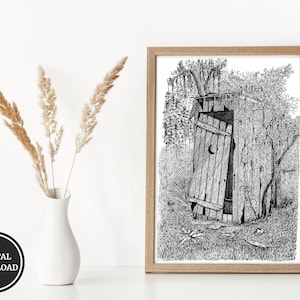 Outhouse Print, Digital Print of Original Artwork, Hand Drawn Historical Southern Architectural Art, Louisiana Old Fashion Country Out House