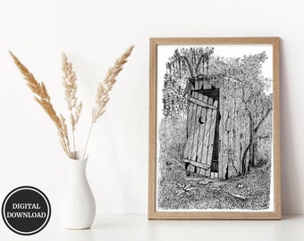 Outhouse Print, Digital Print of Original Artwork, Hand Drawn Historical Southern Architectural Art, Louisiana Old Fashion Country Out House