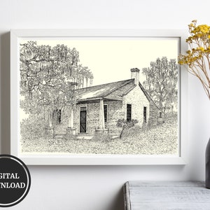 Historic Louisiana Architecture, Digital Print of Original Artwork, Hand Drawn Southern Home Architectural Art, Durham Cottage Clinton, LA