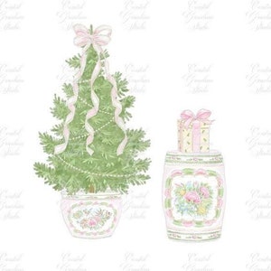 May include: A small, green Christmas tree decorated with pink ribbon and white beads sits in a white planter with a floral design. A white ceramic stool with a floral design and a pink gift box on top.