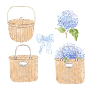 Peut inclure: Trois paniers en osier avec des fleurs d'hortensias bleues et un nœud bleu. Les paniers sont tissés et ont une couleur brun naturel. Les fleurs d'hortensias sont en fleurs et ont une couleur bleu clair.