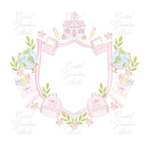 Back to School Watercolor Crest // Watercolor Clipart// Preppy school crest// Apple Crest // Bow Crest // Teachers Crest