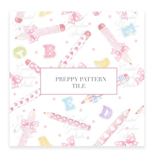 Preppy School Watercolor Seamless Pattern // Preppy school backpack// crayons// Fabric Pattern // Baby Pink art // Hydrangea Pattern