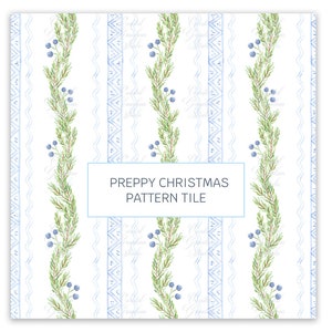 May include: A seamless pattern tile featuring a repeating design of blue berries and green sprigs on a white background with blue and white striped accents. The text "Preppy Christmas Pattern Tile" is centered on the tile.