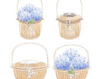 Nantucket Basket Clipart: Coastal Hydrangea Illustration (Digital Download)