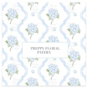 Blå hortensia blommönster: Preppy akvarelldesign (JPEG digital nedladdning)