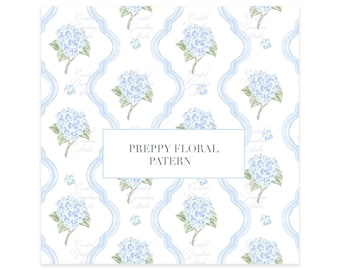 Preppy Spring Floral Hydrangea Floral Tile Pattern // Blue Coquette Pattern Design // Grand millennial // Watercolor PNG // Fabric Design