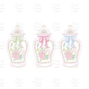 May include: Three white porcelain ginger jars with floral designs and pastel colored ribbons. The jars are decorated with pink, blue, and green floral patterns.