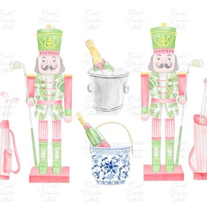 May include: Two watercolor nutcracker figurines dressed in pink and green with a tropical print, holding golf clubs. There are two pink and white golf bags, a champagne bottle in a blue and white ice bucket, and a silver ice bucket with champagne.