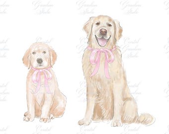 Cachorro Golden Retriever: Lazo rosa navideño PNG (Descarga digital)