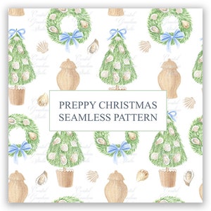 May include: A seamless pattern featuring a preppy Christmas theme. The pattern includes watercolor illustrations of Christmas trees, wreaths, and other holiday decorations, all with a coastal, nautical twist. The colors are predominantly green, blue, and white.