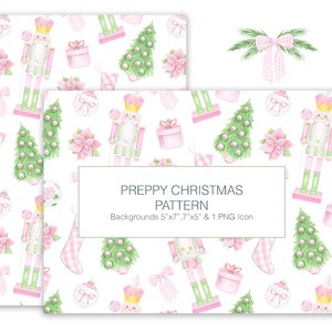 May include: A seamless pattern featuring a pink and green preppy Christmas theme. The pattern includes nutcrackers, Christmas trees, ornaments, candy canes, and poinsettias. The background is white.